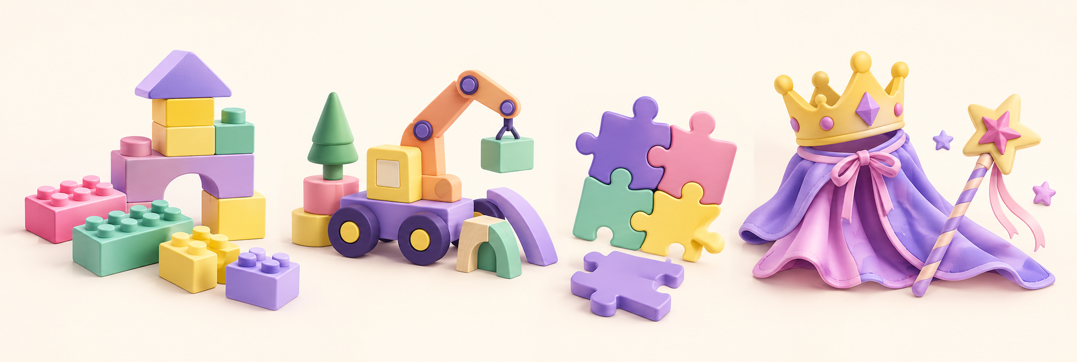 Playful category illustration of building bricks, a toy crane, puzzle pieces and dress-up accessories.