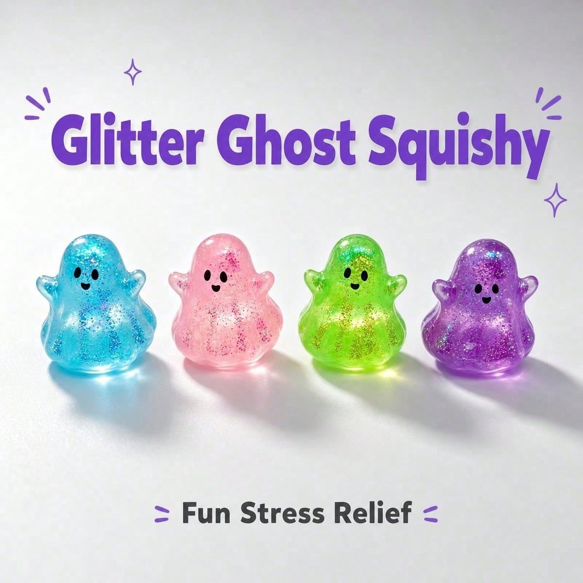 Sequin ghost squishies in four colours