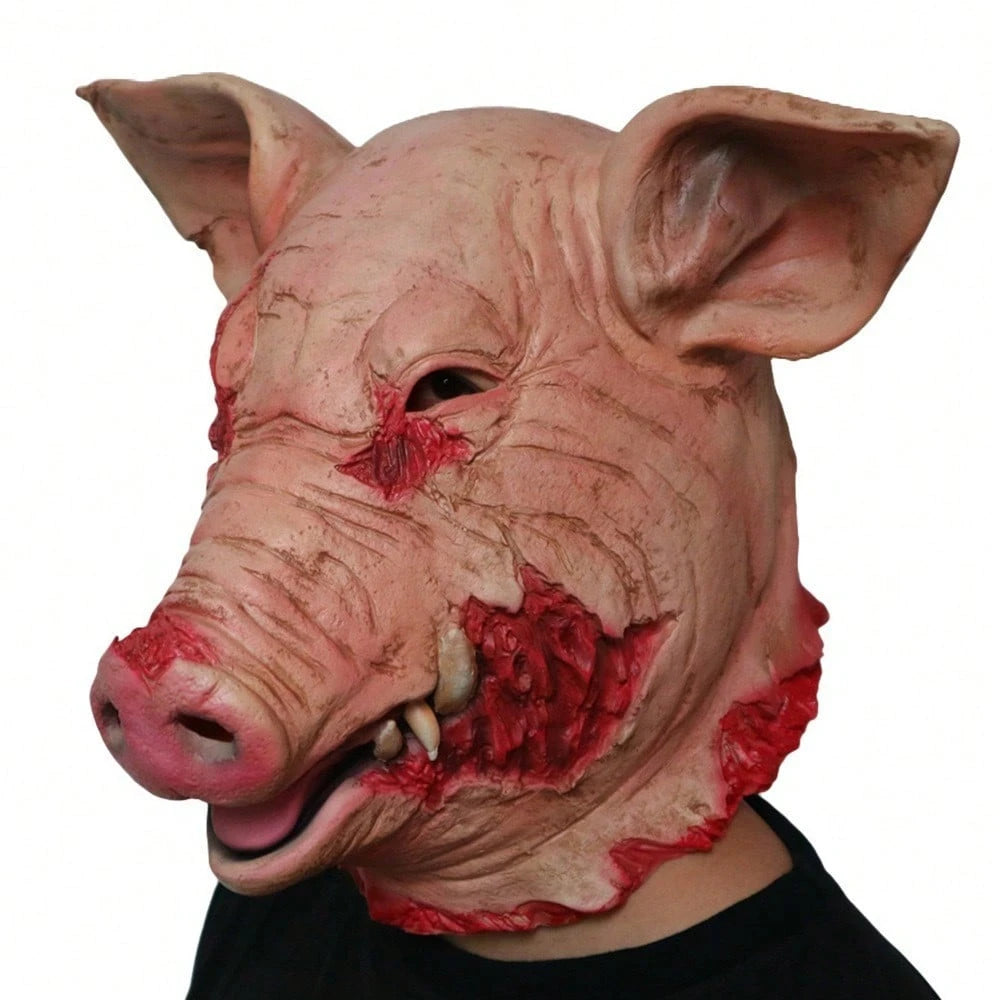 Scary Pig Head Latex Mask – three-quarter view