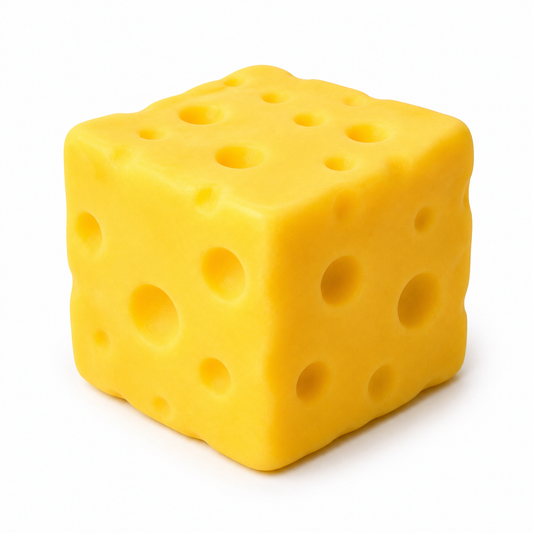 Extra-large yellow cheese block squishy on white background