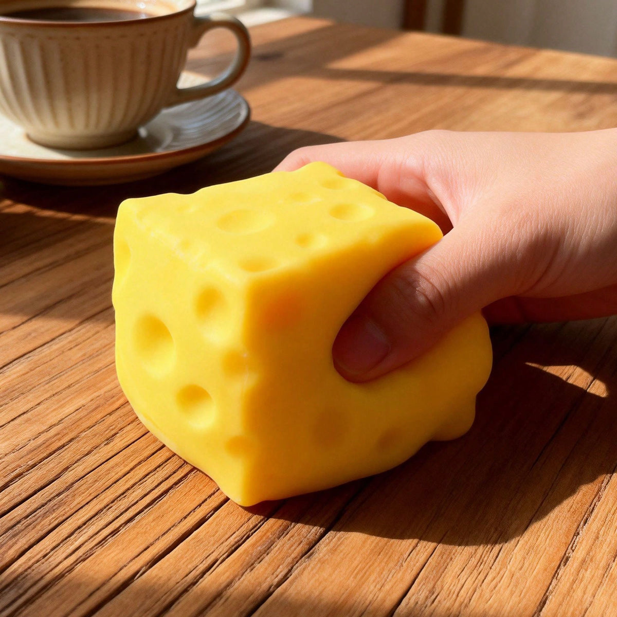 Yellow square cheese squishy being squeezed