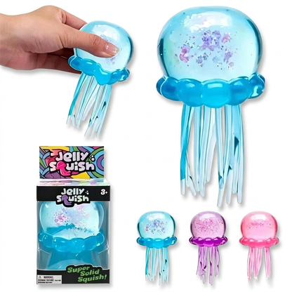 Jelly Squish jellyfish squishy toys in blue, purple and pink with glitter and retail box on white background