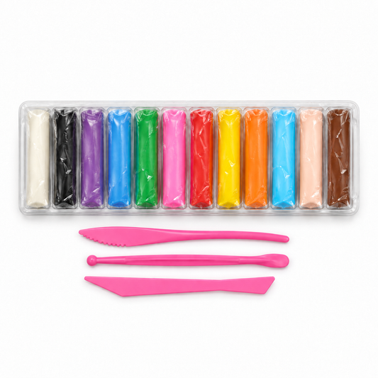 Complete 12-colour modelling-clay set with three pink sculpting tools