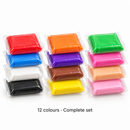 Twelve individually wrapped clay colours arranged in three stacks