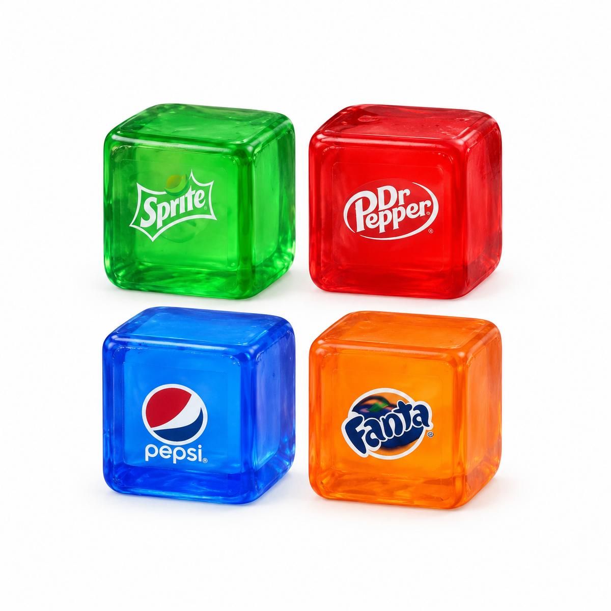Four soda cube squishy toys: green Sprite, red Dr Pepper, blue Pepsi and orange Fanta