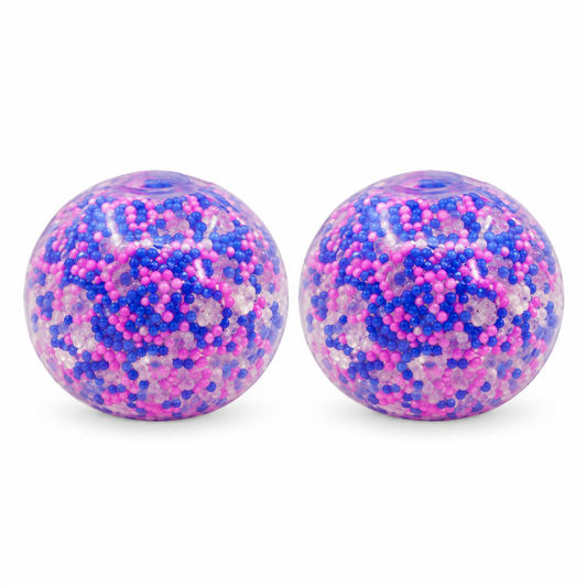 Two clear stress balls filled with pink and blue mini beads