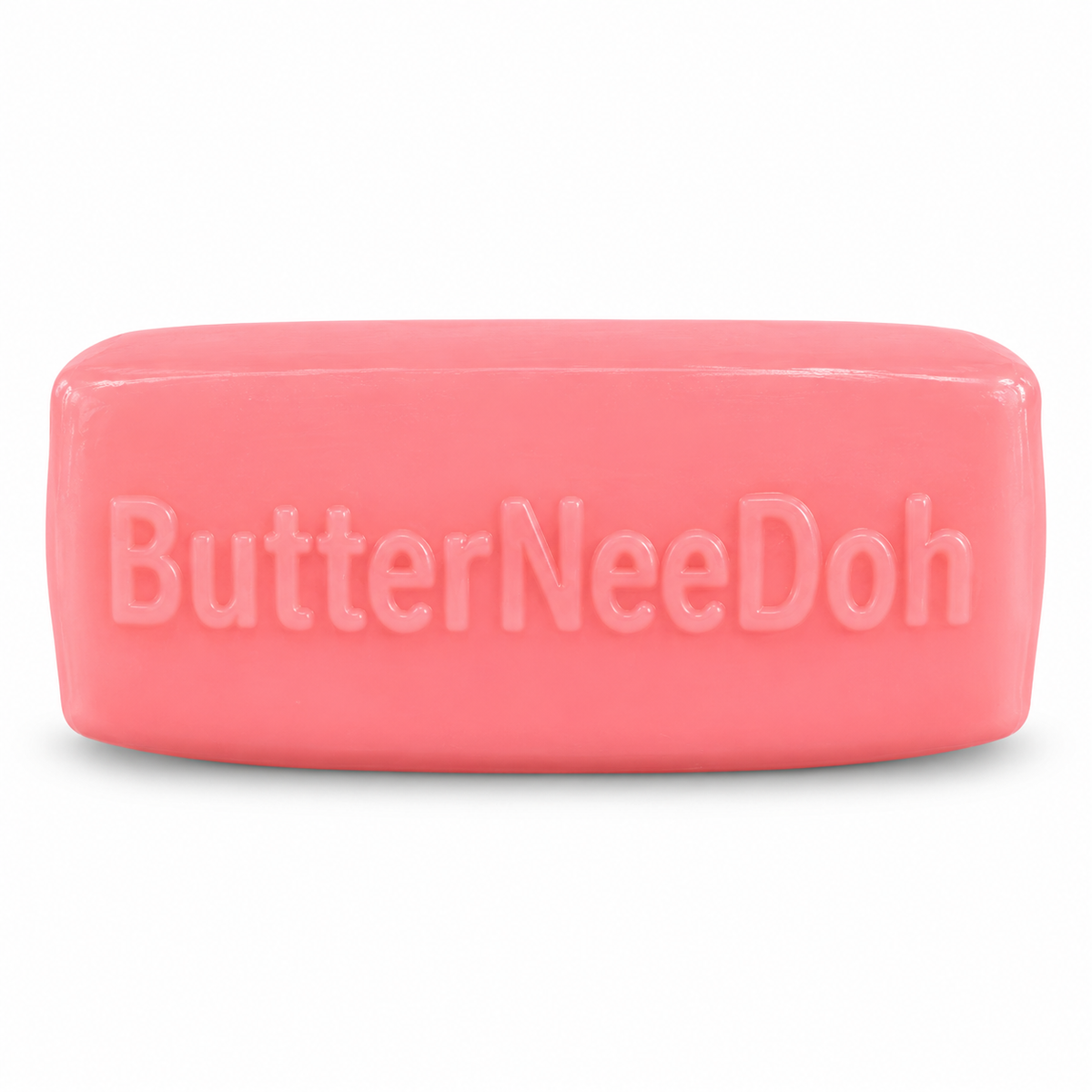 Single pink Strawberry Butter squishy with embossed ButterNeeDoh lettering on a white background