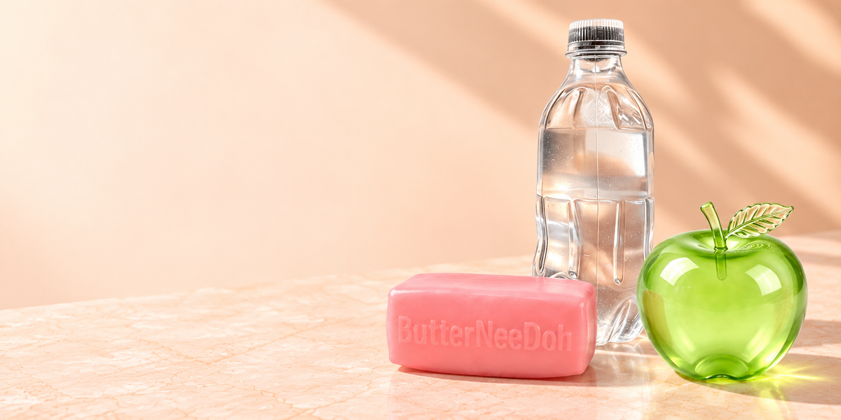 Transparent water bottle, green jelly apple and pink Strawberry Butter squishy toys